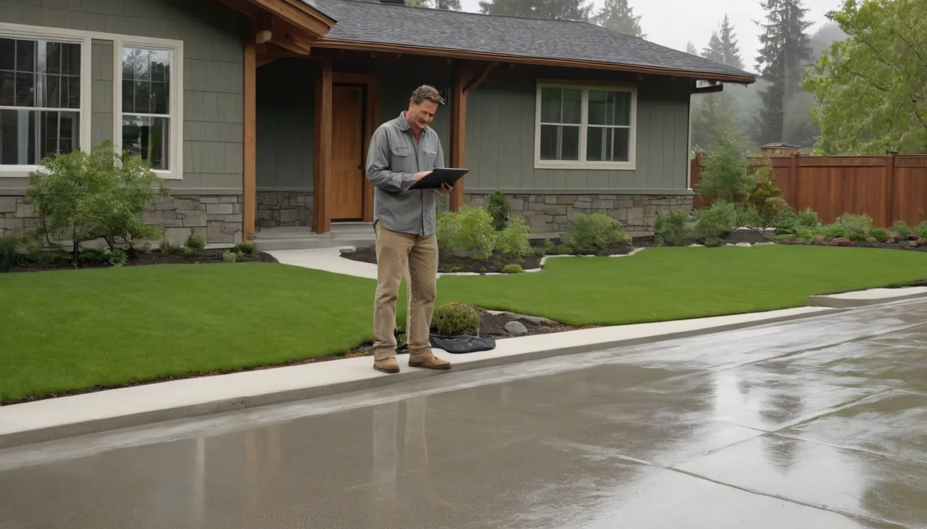 A newly poured concrete driveway beside a wood-frame home in the Snoqualmie area, with damp green landscaping after rain