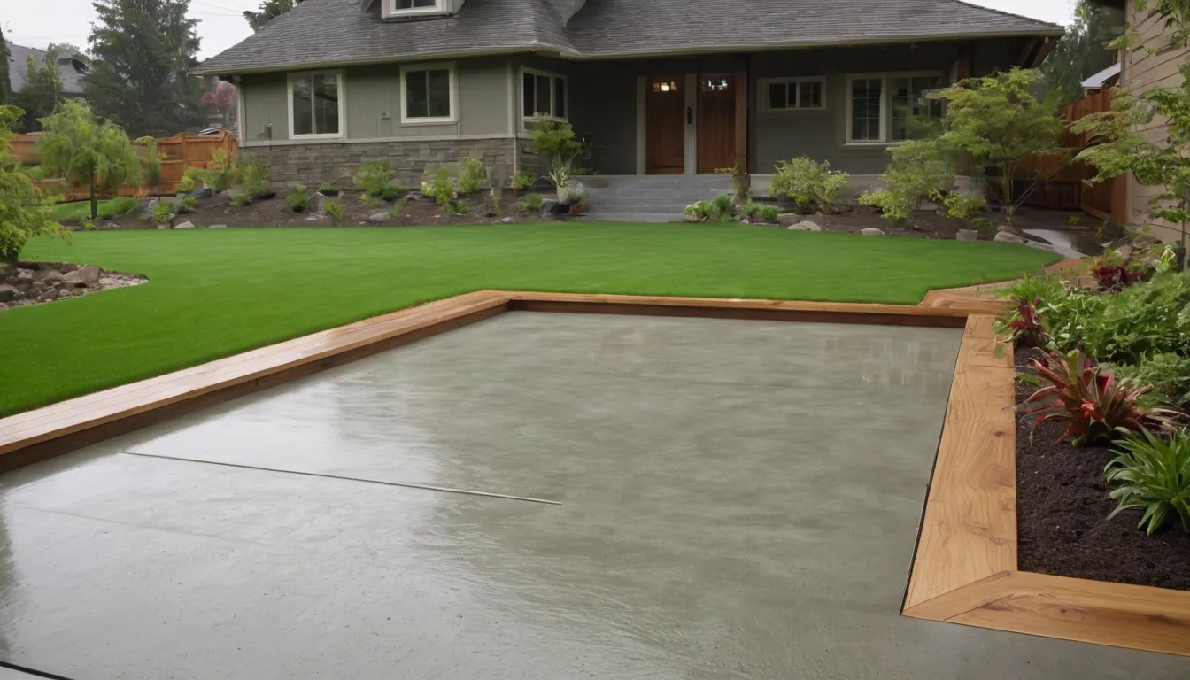 A new gray concrete patio beside a wood-frame home near Snoqualmie with clean edges and patio furniture